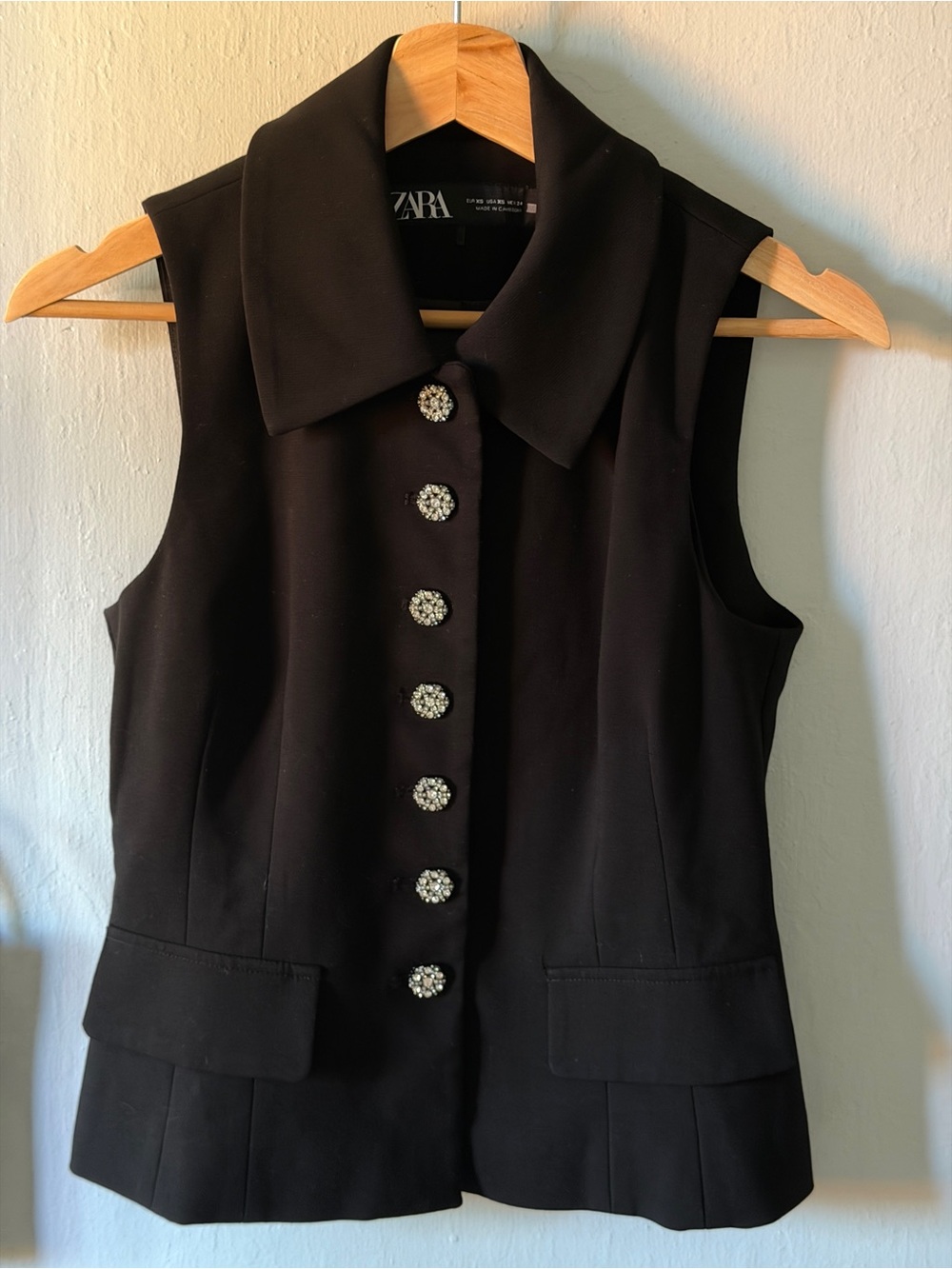 ZARA Black Sleeveless Vest with Crystal Embellished Buttons
